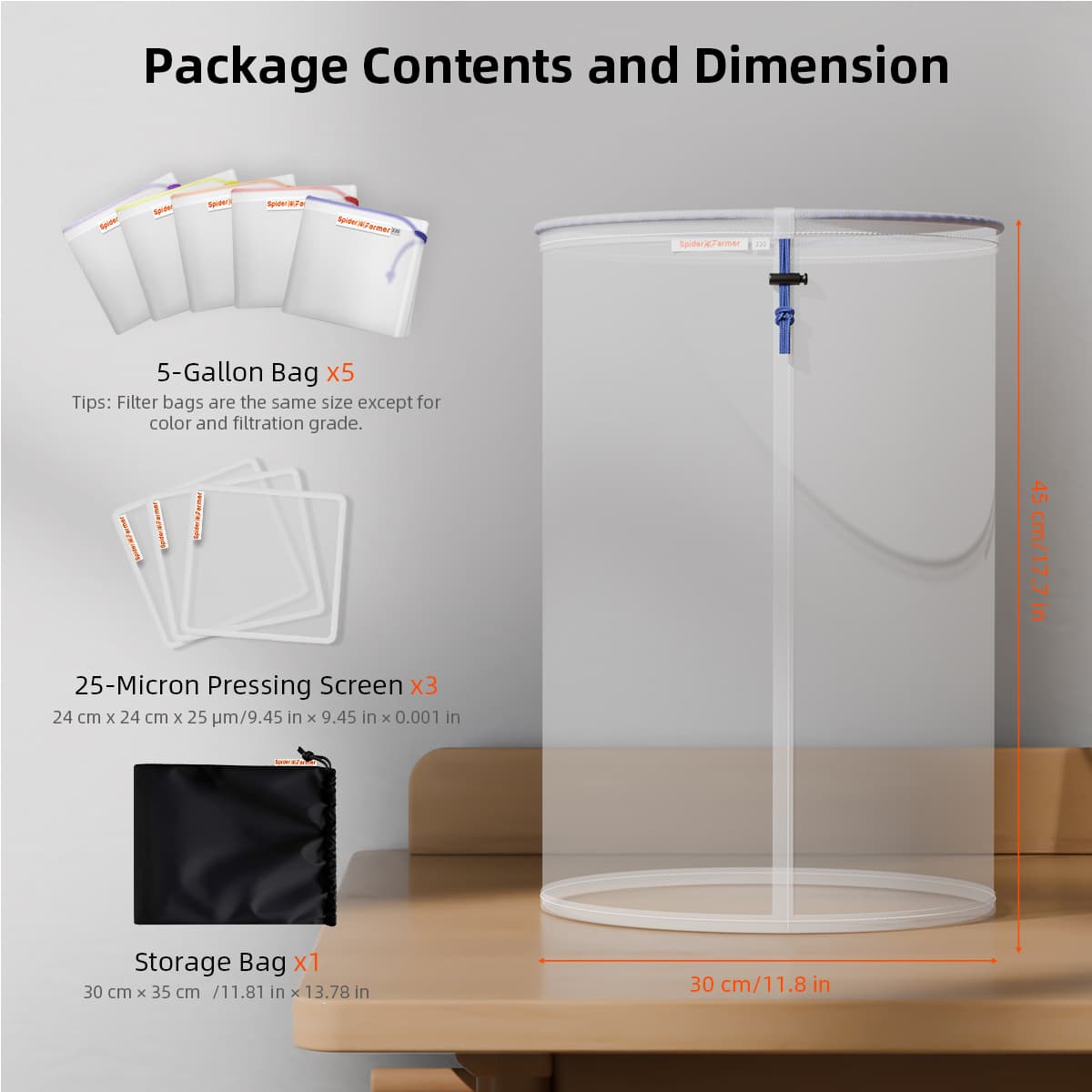 Spider Farmer 5-Pack Sacos de Bolhas Reutilizáveis de Malha Total de 5 Galões - Filtragem Premium para Hidroponia - 10