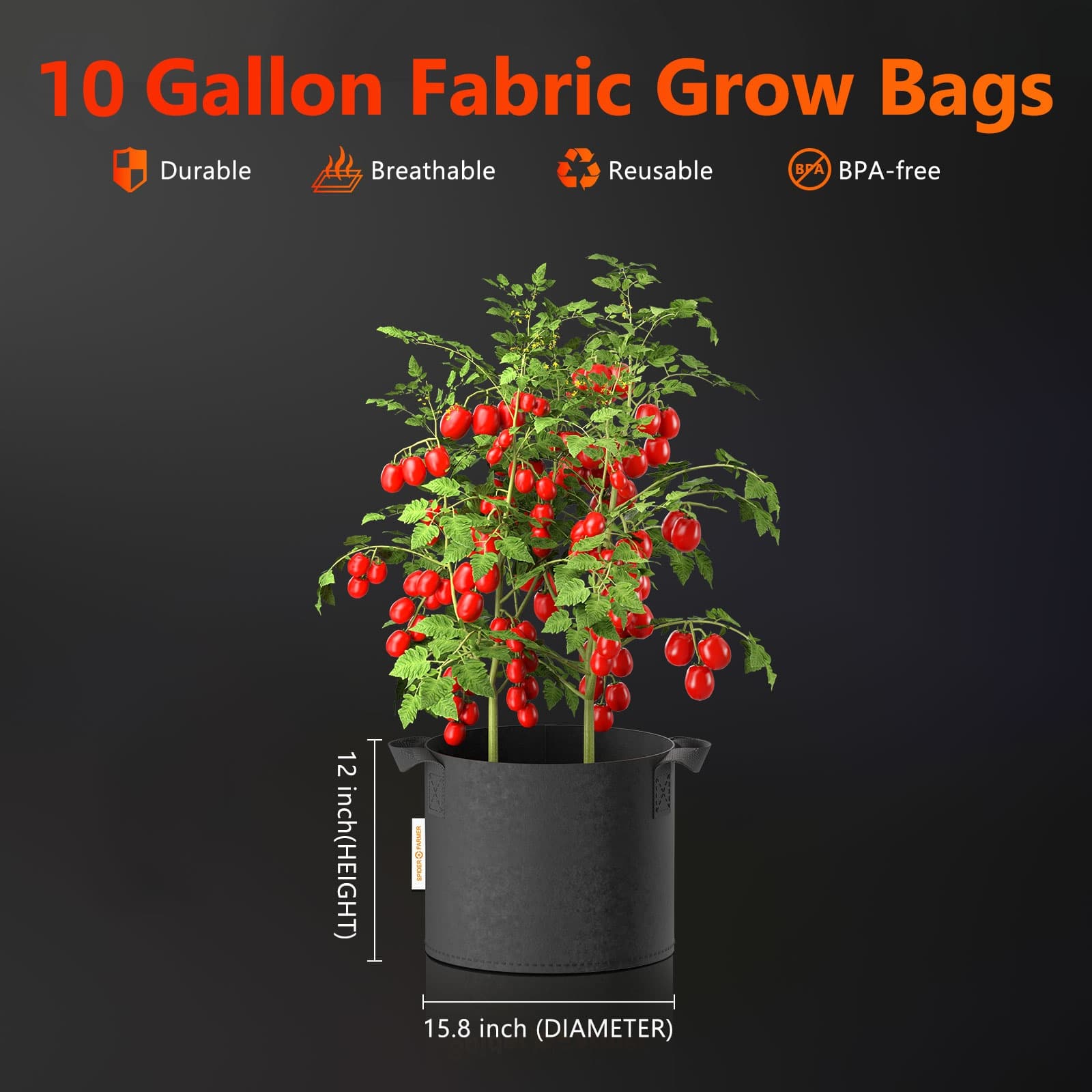 Bolsas de Cultivo em Tecido Spider Farmer de 10 Galões - Vasos Respiráveis e Reutilizáveis - 2