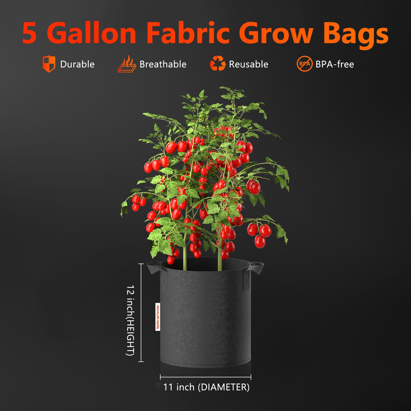 Spider Farmer 5-Pack 20L Fabric Grow Bags - Breathable & Reusable - 2