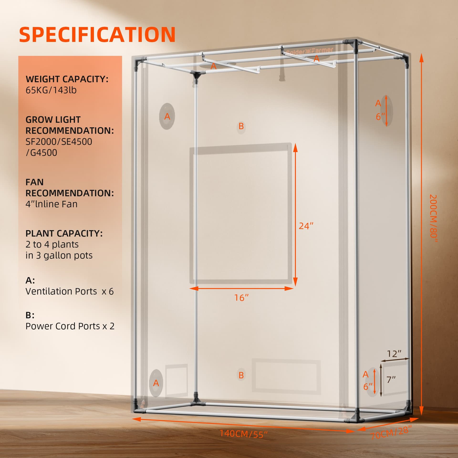 Tenda de Cultivo Spider Farmer Pro 140x70x200cm - Alta Refletividade para Plantas Saudáveis - 7