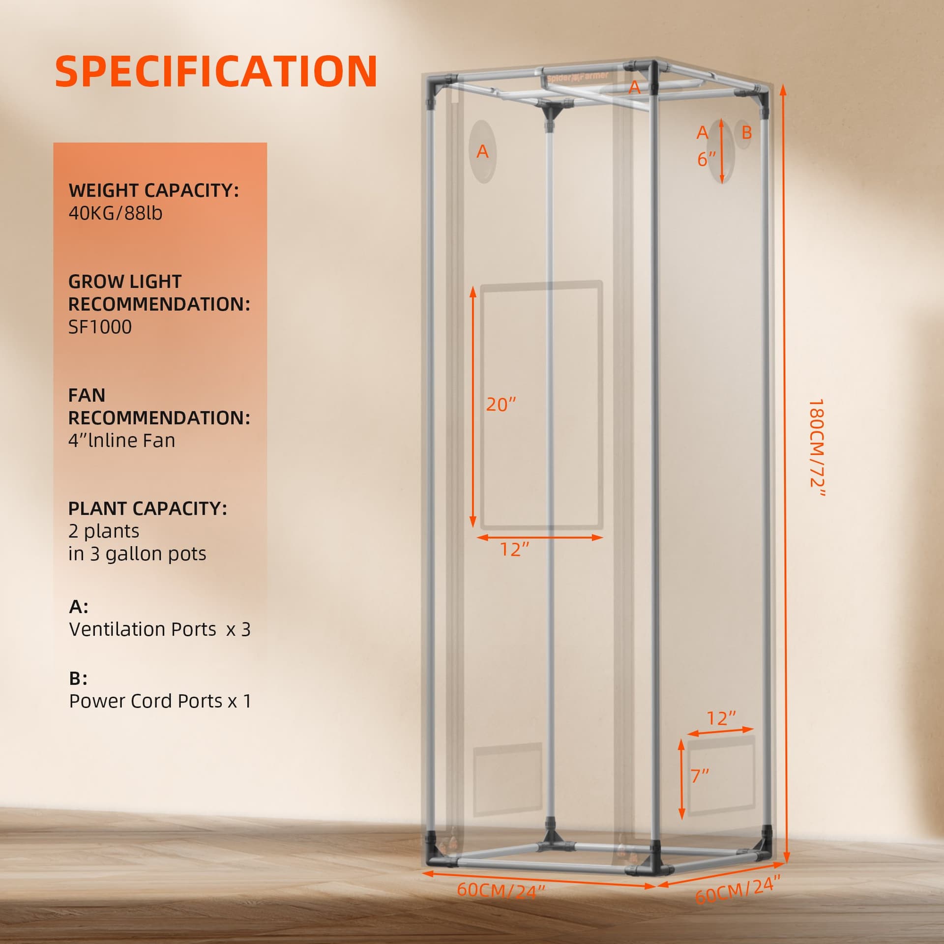 Spider Farmer 60x60x180cm Pro Indoor Grow Tent - Visoka refleksija za optimalno rast - 7