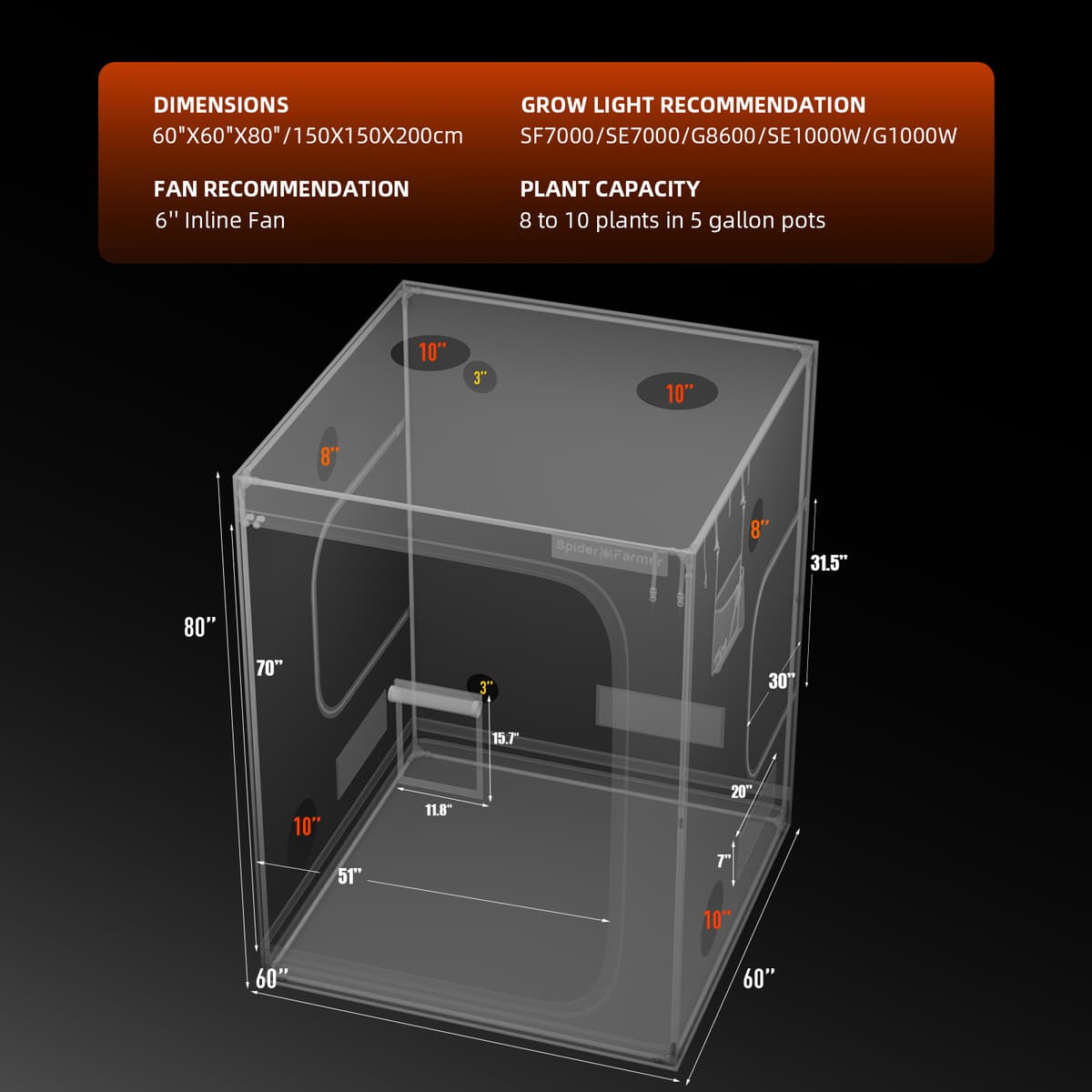 Spider Farmer 150x150x200cm Indoor Grow Tent - Optimálne riadenie rastu rastlín - 7