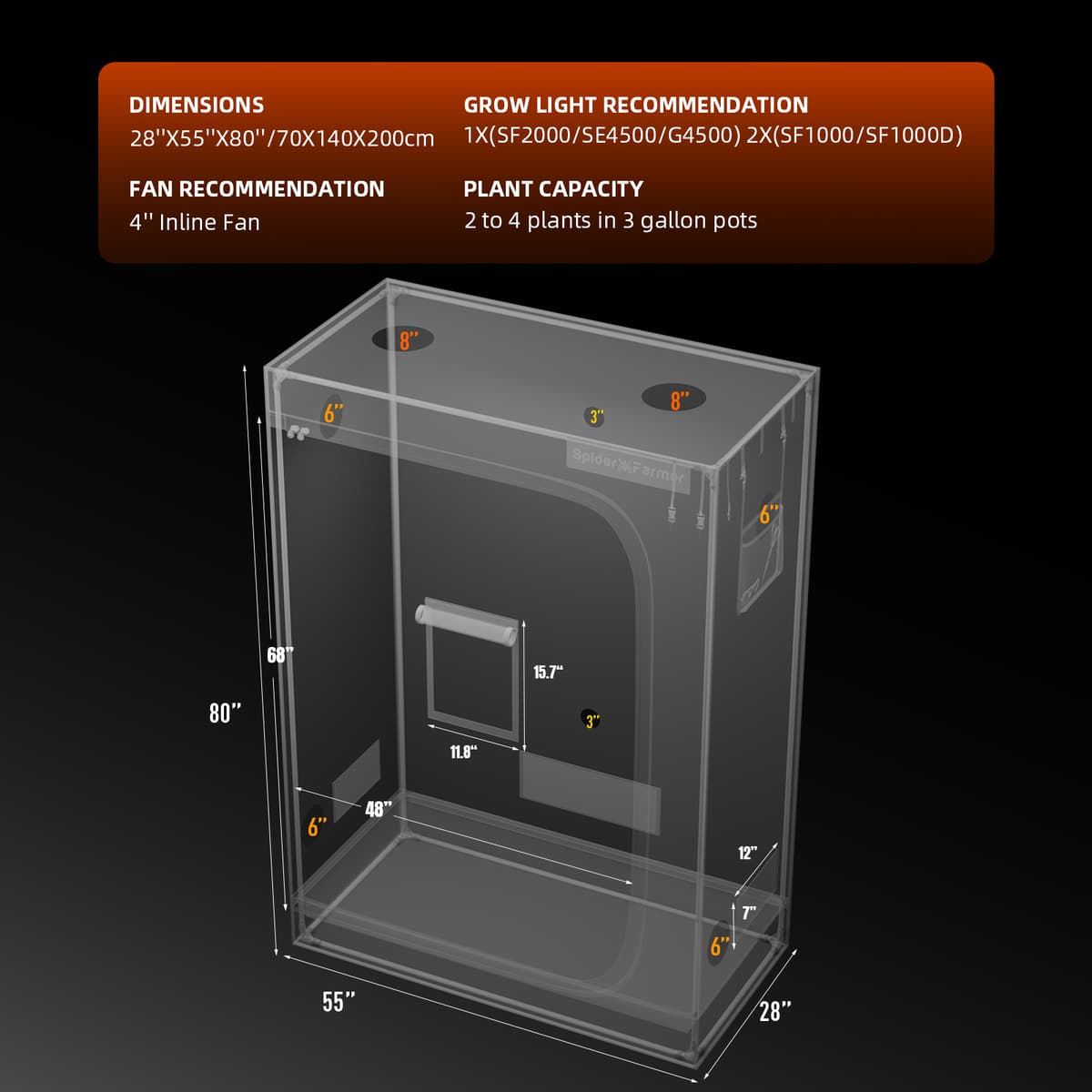 Spider Farmer SF Indoor Grow Tent 140x70x200cm - Optimálny rast rastlín - 8