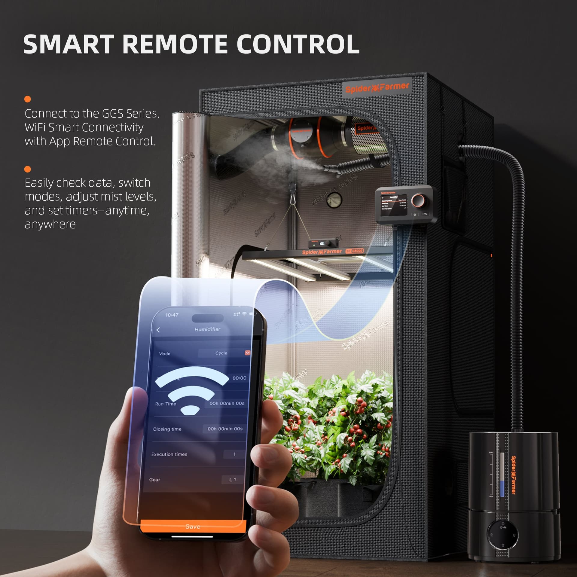 Spider Farmer SF-Humidifier5 5L Umidificatore Intelligente a Nebulizzazione Fresca - Controllo Ottimale dell'Umidità per tenda da coltivazione Interni - 3