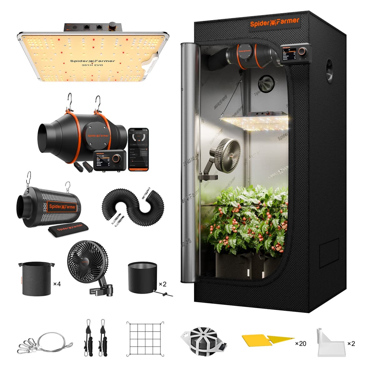 Kit Completo de Tenda de Cultivo Spider Farmer SF1000 301H EVO (70x70x160cm) - Luz LED Espectro Completo + Sistema de Ventilação Inteligente - 6