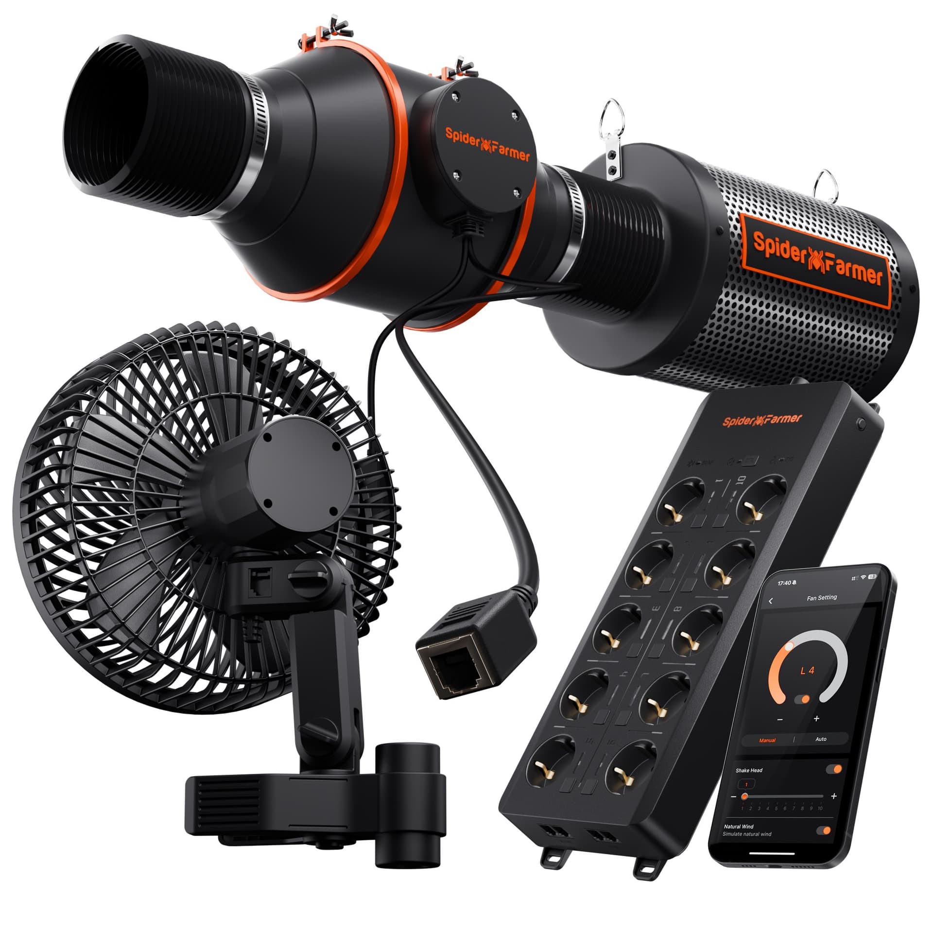 Sada Spider Farmer GGS AC10 – Řízená rozvodná lišta s ventilátory a uhlíkovým filtrem – 15cm ventilátor na svorku + 10cm inline ventilátor + uhlíkový filtr - 2