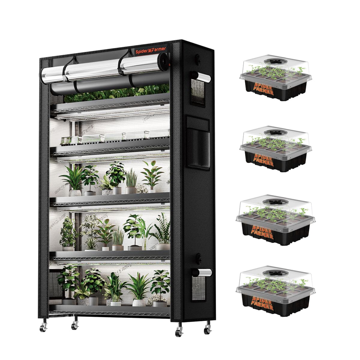 Spider Farmer 220W 6-patrová rastlinná stojanka + balík rastlinného stanu 1680D - Plnospektrálne LED pre vnútorné záhrady - 1