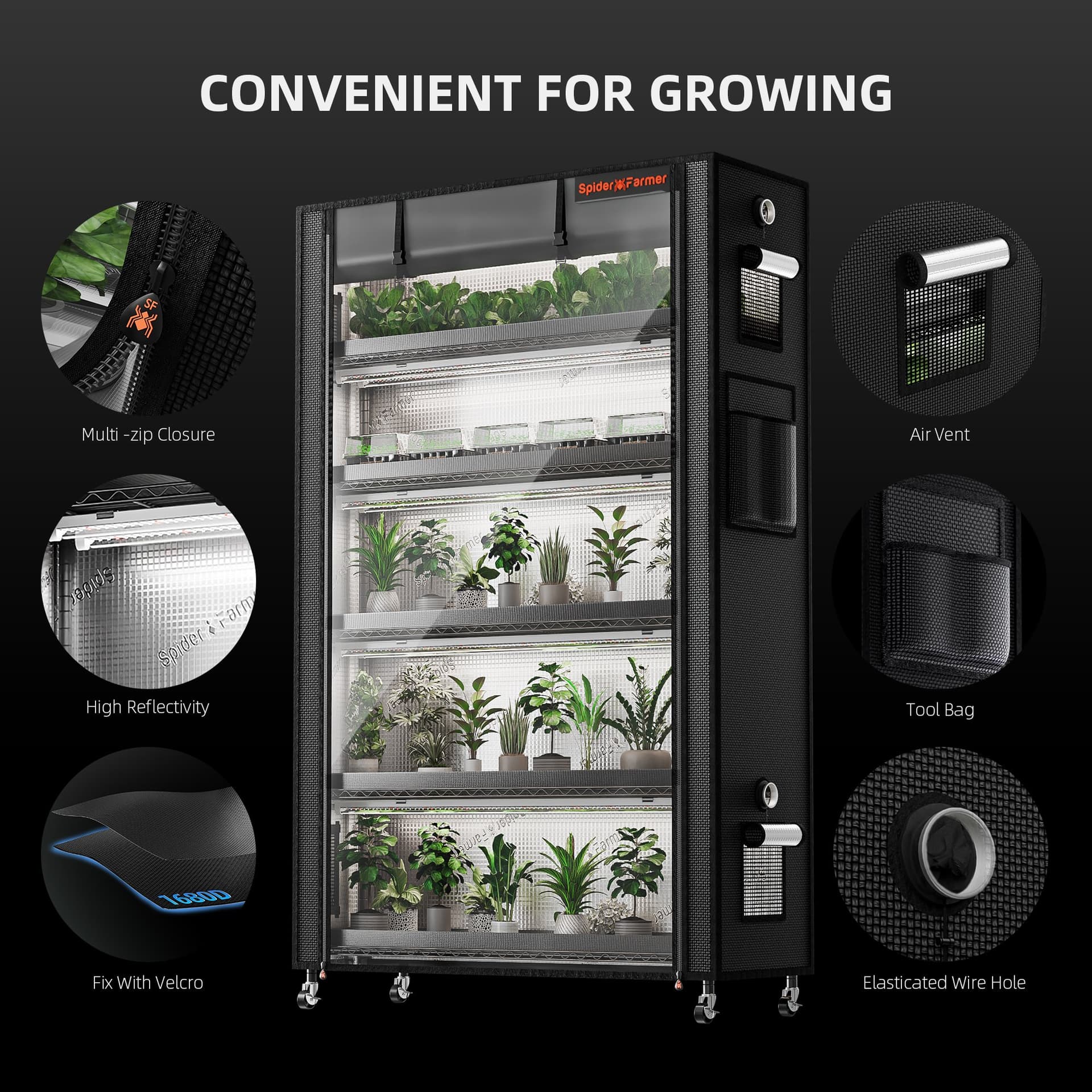 Πακέτο Spider Farmer 220W Στήριγμα Φυτών 6 Επιπέδων + Τέντα Καλλιέργειας 1680D - LED Ολοσpectrum για Εσωτερικούς Κήπους - 7