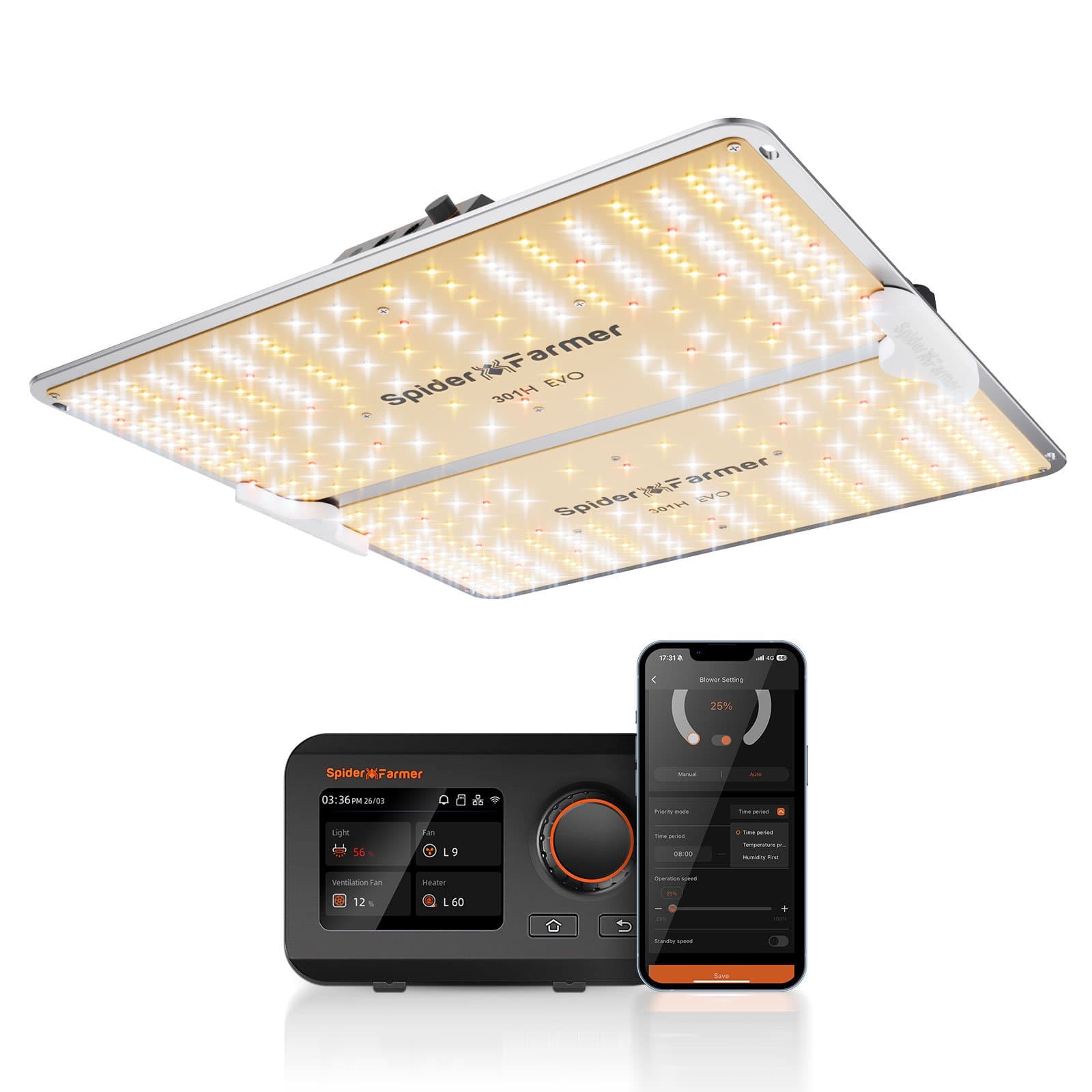 Φωτιστικό Spider Farmer SF2000Pro 200W με LED Samsung LM301H EVO - Πλήρες Φάσμα για Βλάστηση 90x90εκ - 1