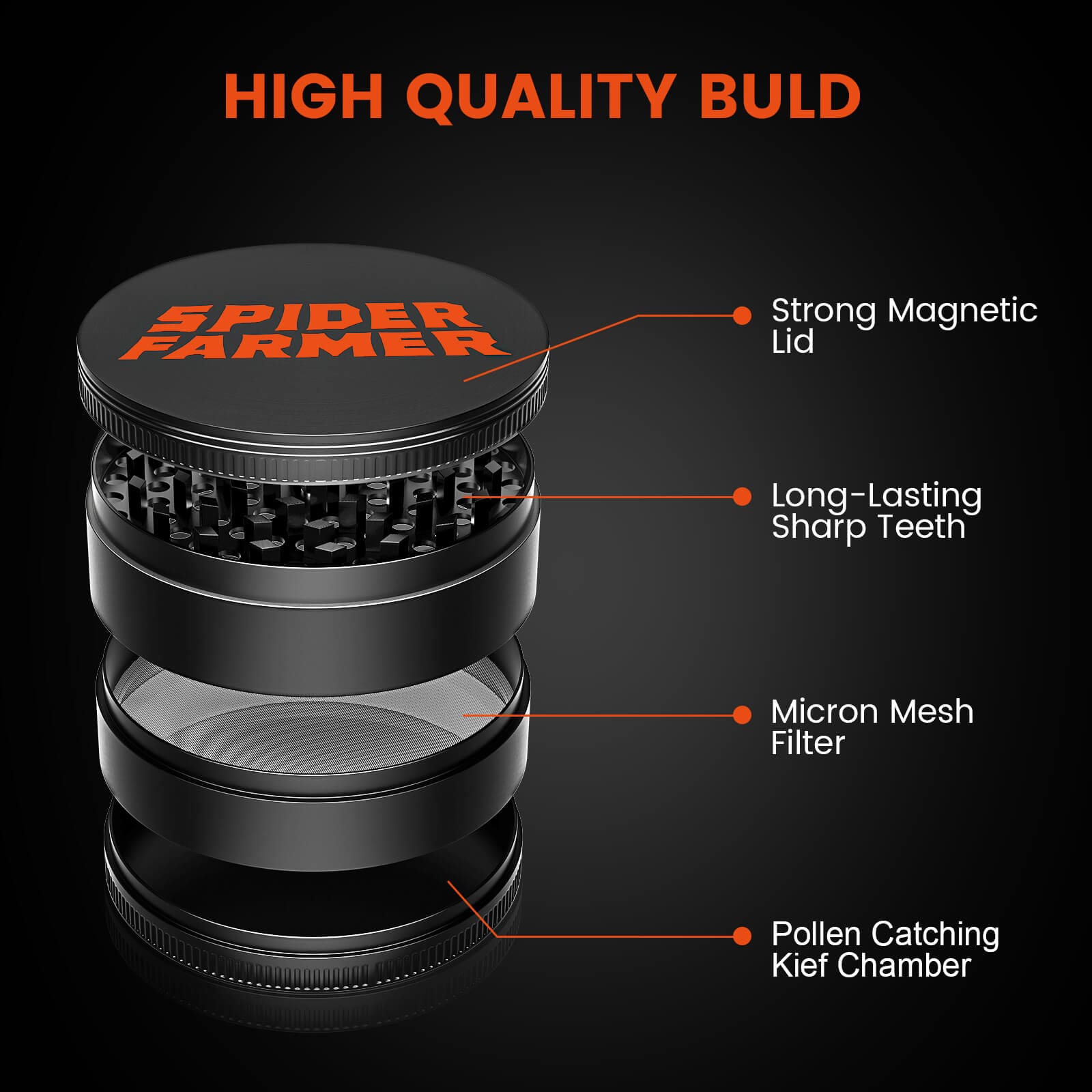 Măcinător de condimente și ierburi Spider Farmer Metal Ø 76 mm - Confort 4 piese - 3
