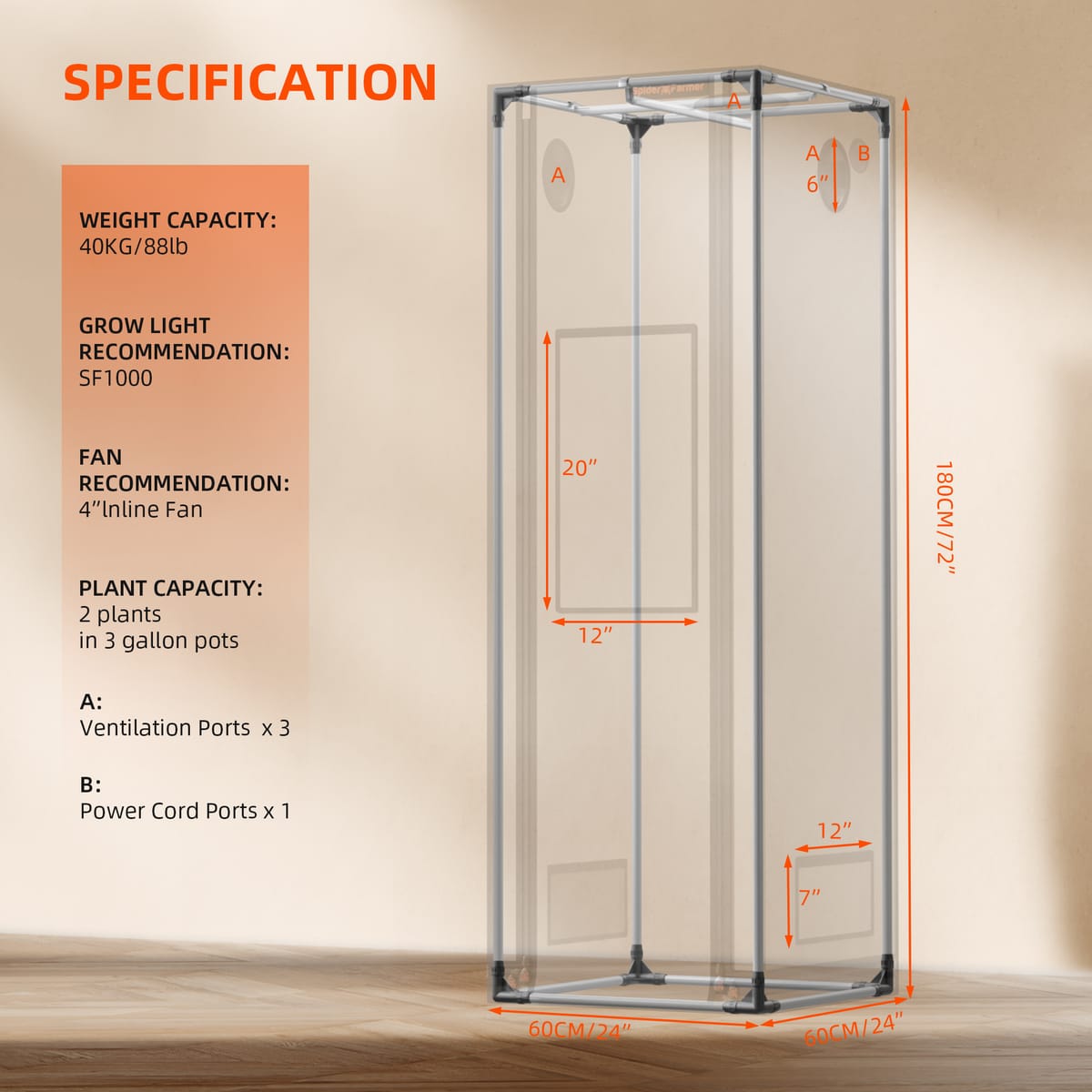 Spider Farmer 60x60x180cm Pro Grow Tent - Υψηλή Αντανάκλαση για Ισχυρή Ανάπτυξη - 5