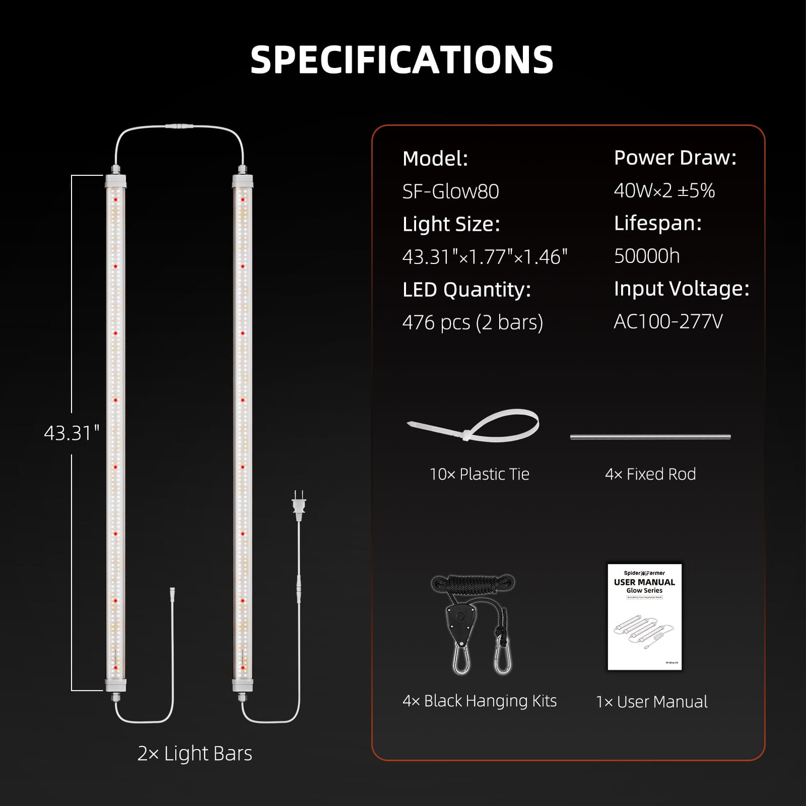 Spider Farmer Glow80 80W Barras de Luz LED para Cultivo - Espectro Completo para Todas as Plantas - 10