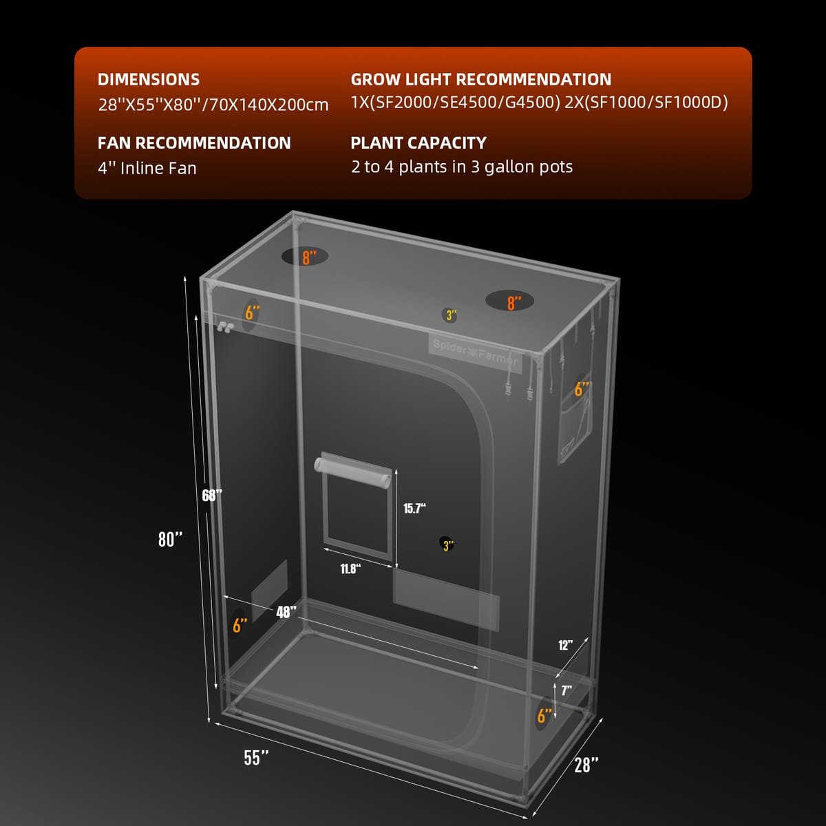 Spider Farmer SF Indoor Grow Tent 140x70x200cm - Optimálny rast rastlín - 8