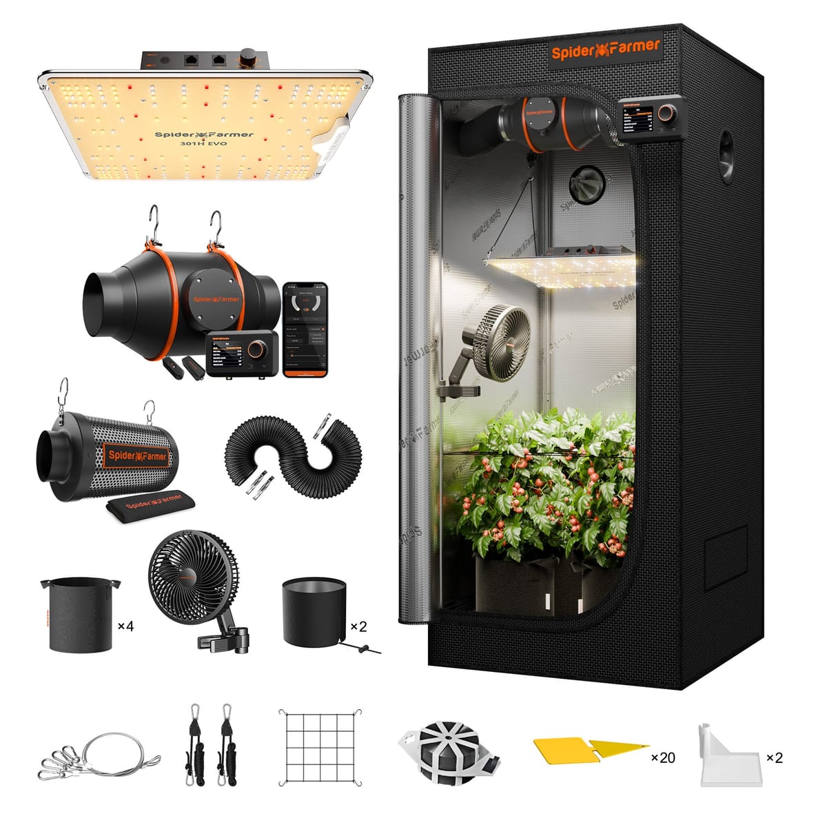 Kit Completo de Tenda de Cultivo Spider Farmer SF1000 301H EVO (70x70x160cm) - Luz LED Espectro Completo + Sistema de Ventilação Inteligente - 5