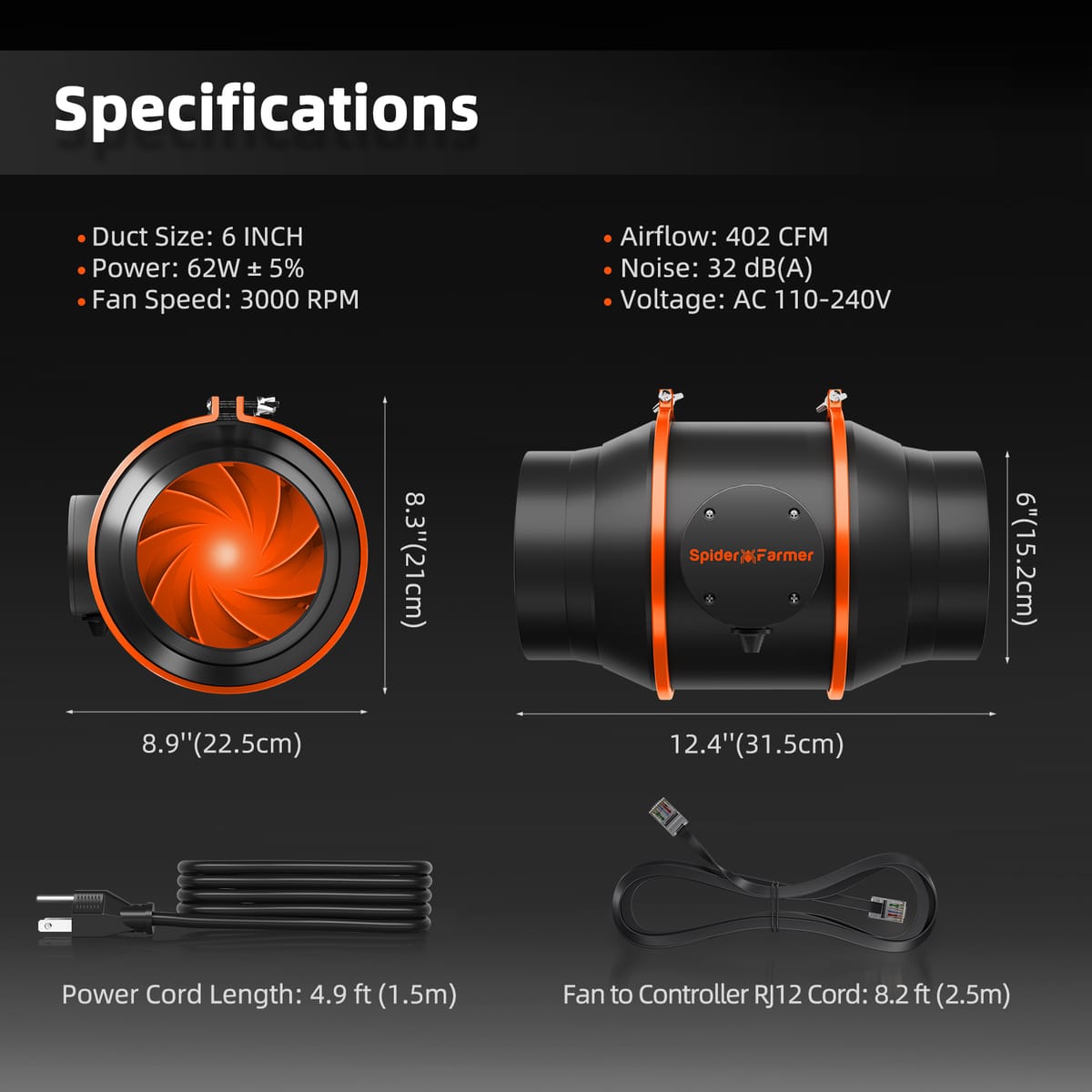 Spider Farmer 4"/6" Inlinefläkt + GGS Kontrollkit – Precision klimatkontroll för växtrum - 4