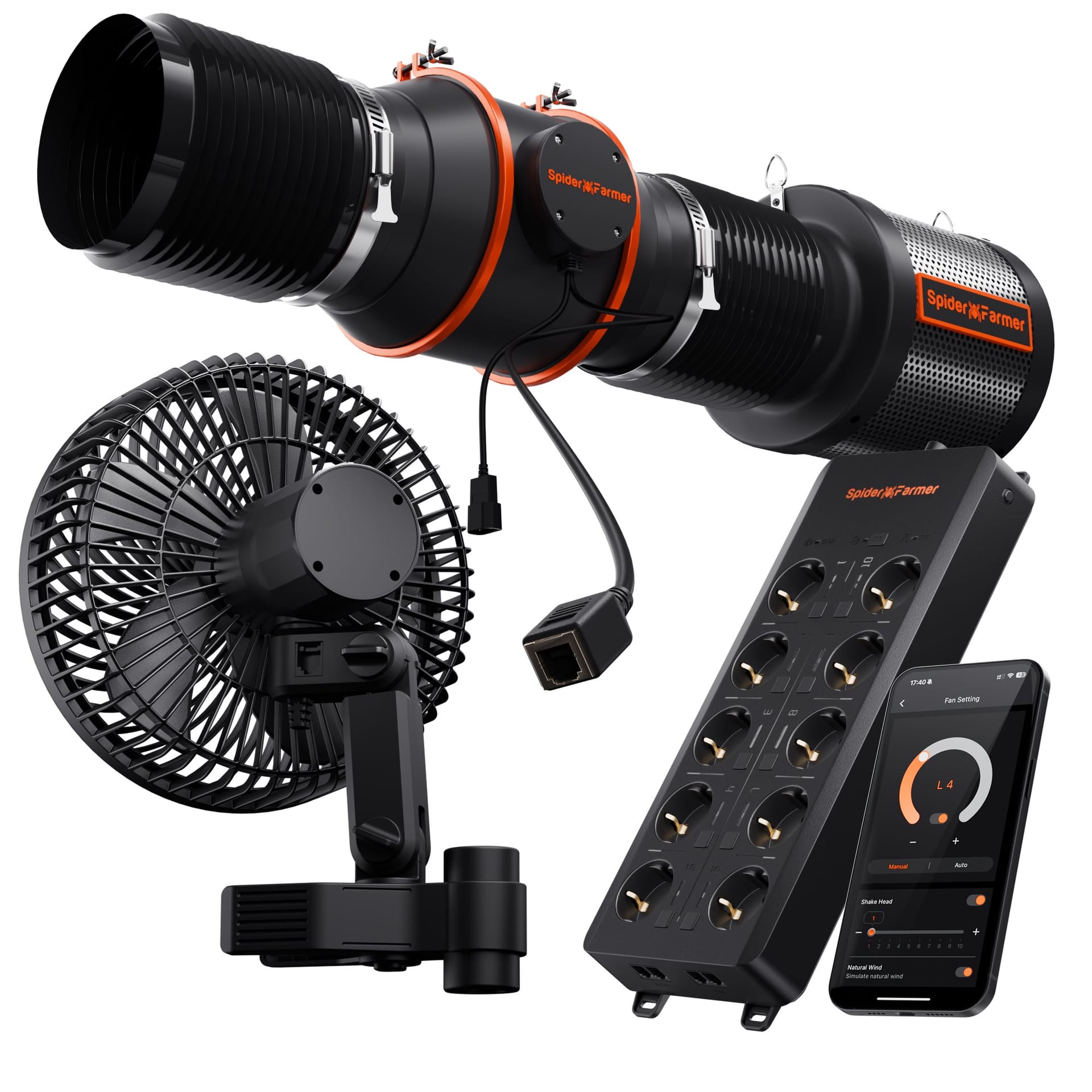 Kit-ul Spider Farmer GGS AC10 – Strip de Putere cu Ventilatoare Clip & Inline de 6" + Filtru cu Carbon pentru Camere de Cultivare