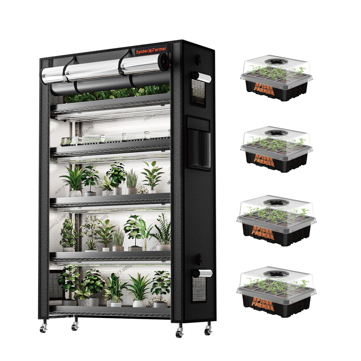 Spider Farmer 220W 6-patrová rastlinná stojanka + balík rastlinného stanu 1680D - Plnospektrálne LED pre vnútorné záhrady