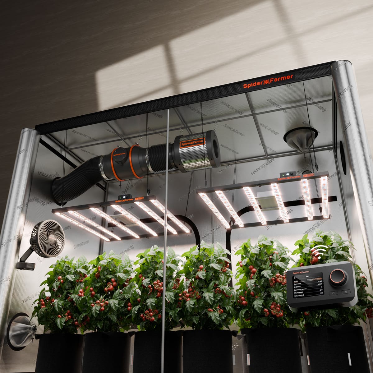 Spider Farmer augļu audzēšanas telpa komplekts 120x240x200cm — 2x G5000 480W LED + ventilācijas sistēma