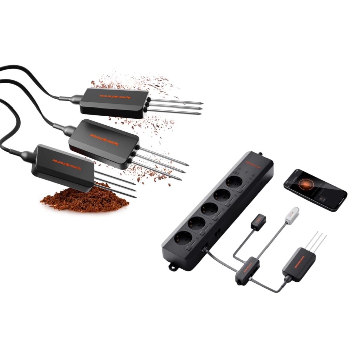 Spider Farmer 3 Pcs GGS 3-in-1 Soil Sensor Pro + GGS AC5 Power Strip Kit | Accurate Drip Irrigation Control, Monitoring Real-Time Soil Data,Smart Control via APP
