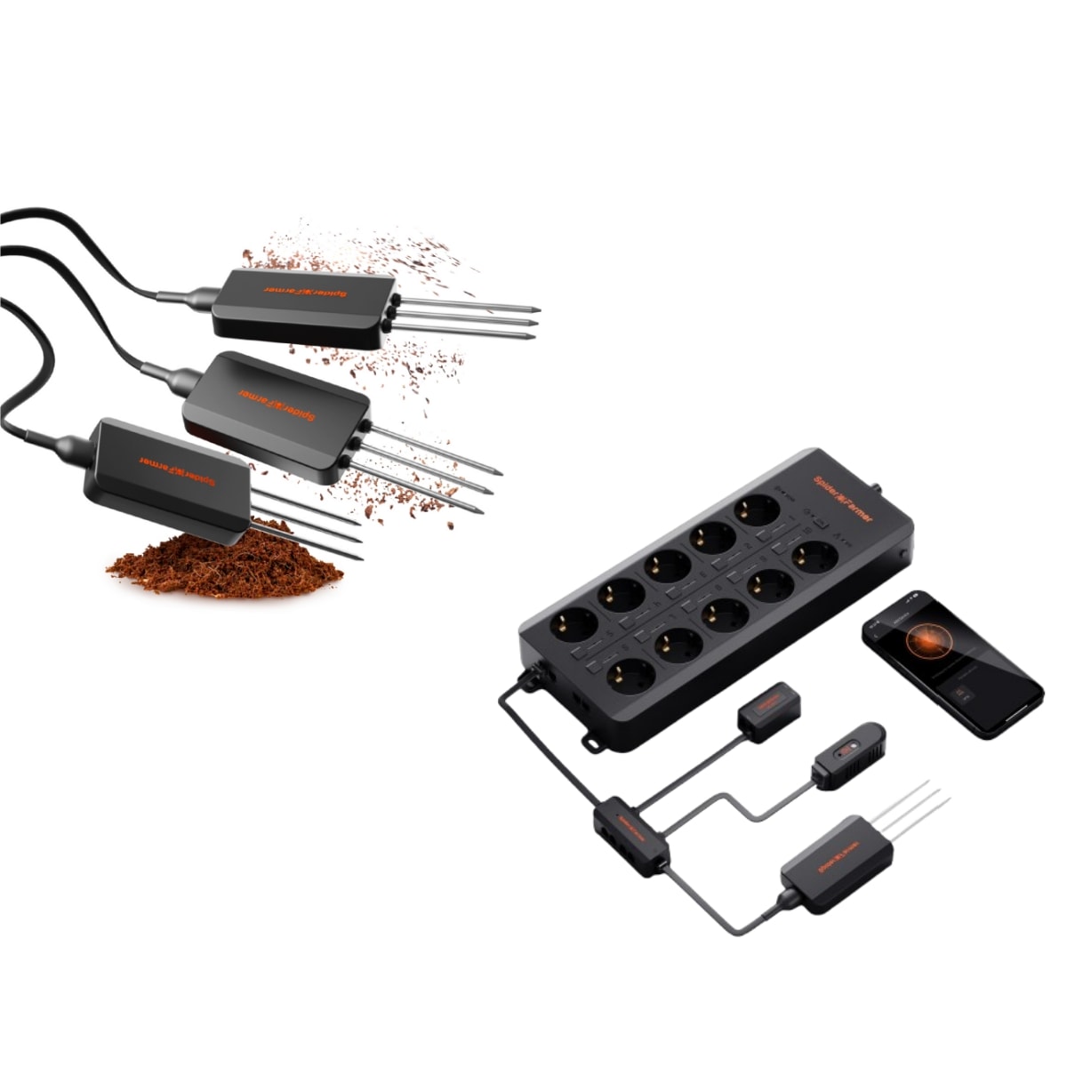 Spider Farmer 3 Pcs GGS 3-in-1 Soil Sensor Pro + GGS AC10 Power Strip Kit | Accurate Drip Irrigation Control, Monitoring Real-Time Soil Data,Smart Control via APP