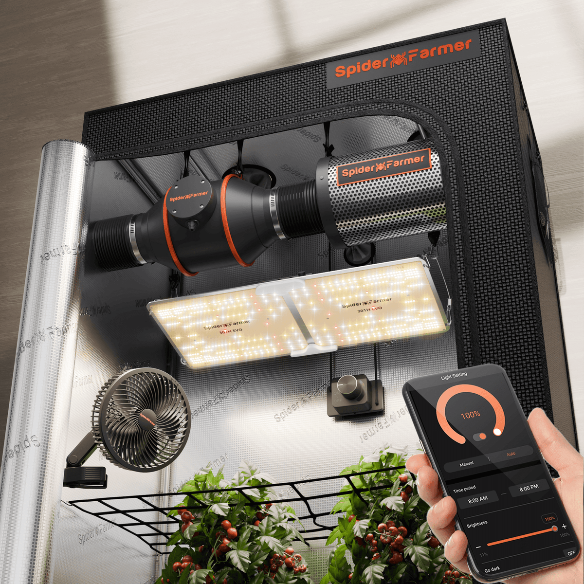 2025 Newest Version Spider Farmer® 120x60x180cm Complete Grow Tent Kit SF2000 301H EVO Full Spectrum LED Grow Light 2025 6” Clip Fan 4” Ventilation System with Speed Controller