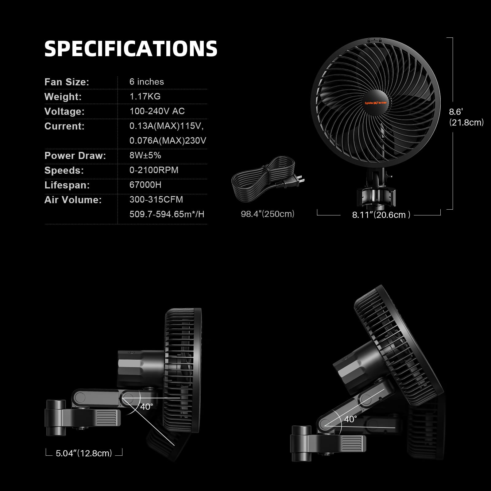 Ventilador de Clipe Spider Farmer de 6 Polegadas - 10 Velocidades para Fluxo de Ar Ideal - 8