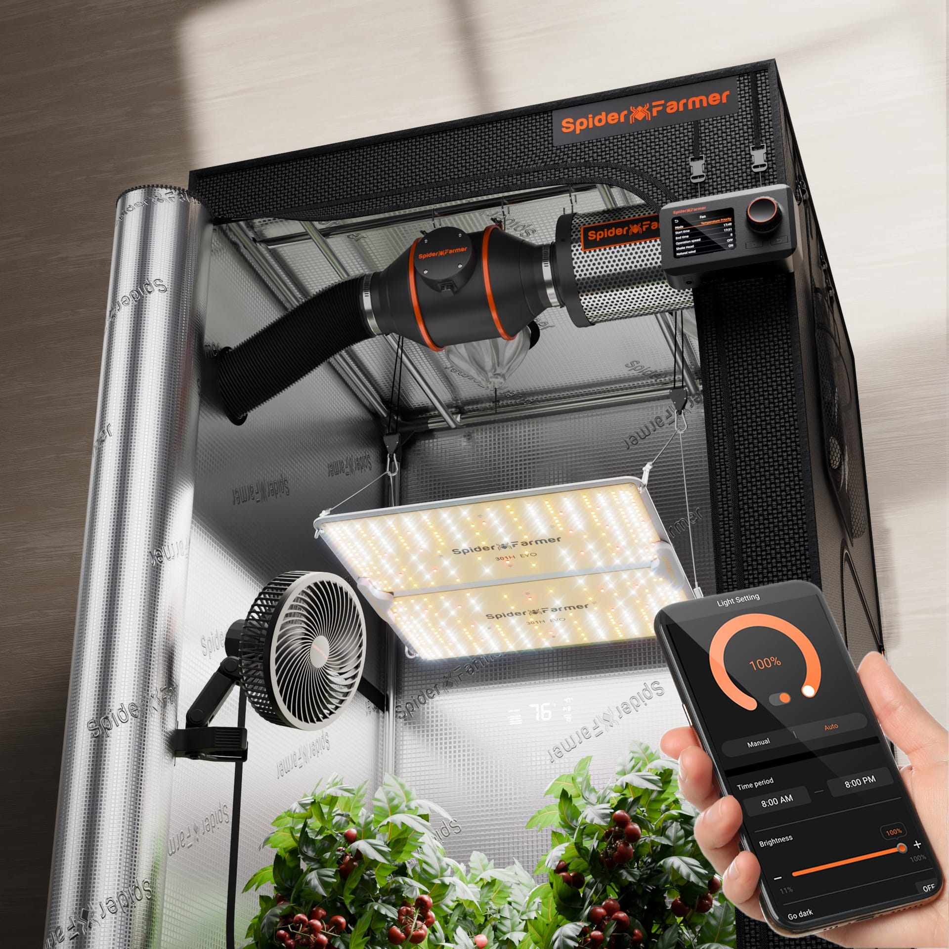 Spider Farmer SF2000PRO EVO 200W LED Kasvatuspõõsas Komplekt – Täisspektriline 90x90x180 cm Intelliitujuviga ja Ventilatsiooniga